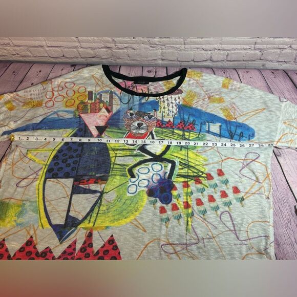 Inoah Lightweight 3/4 Sleeve Knit Scoop Burnout Neck Art to Wear Print Top M - Picture 5 of 12